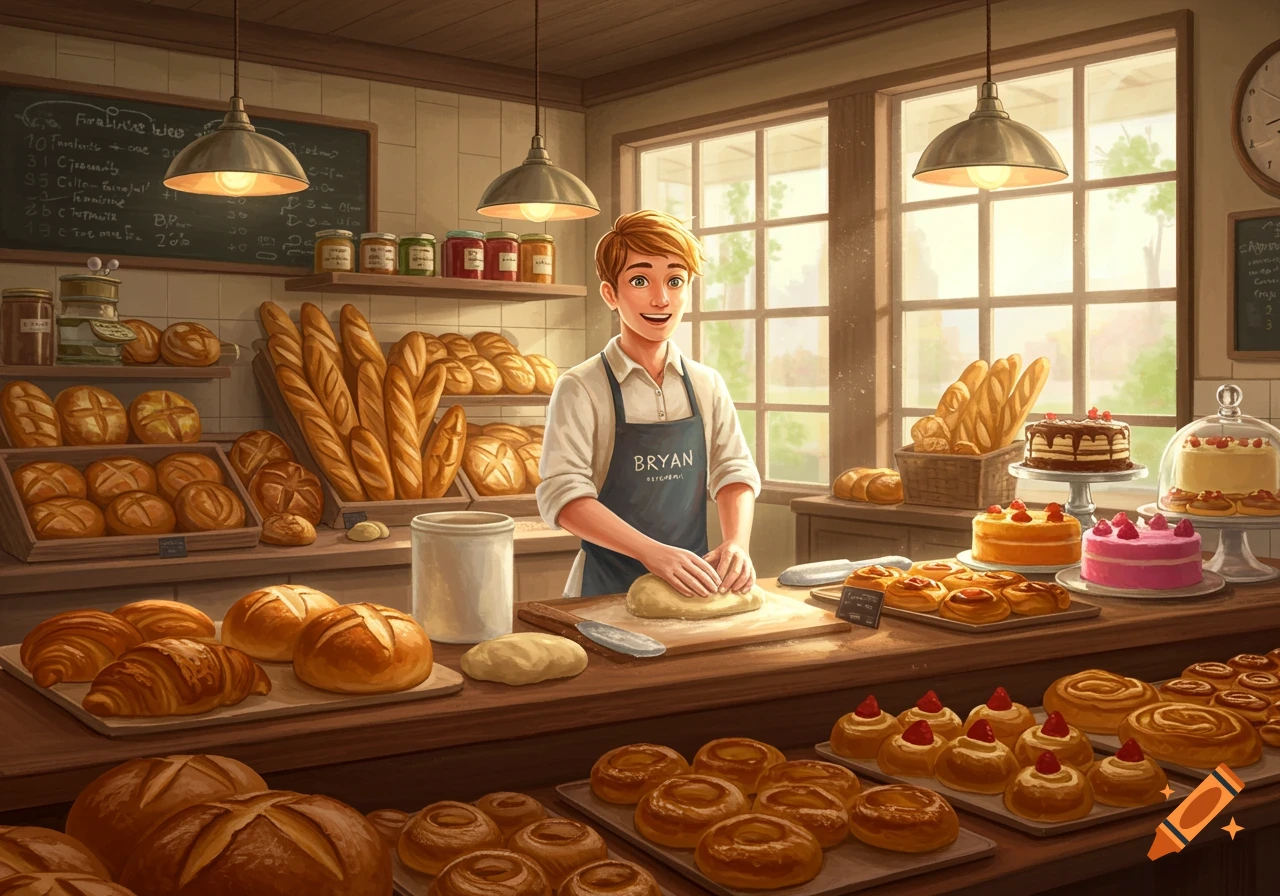 A smiling young man in an apron kneads dough in a busy bakery, surrounded by fresh bread, pastries, and cakes.