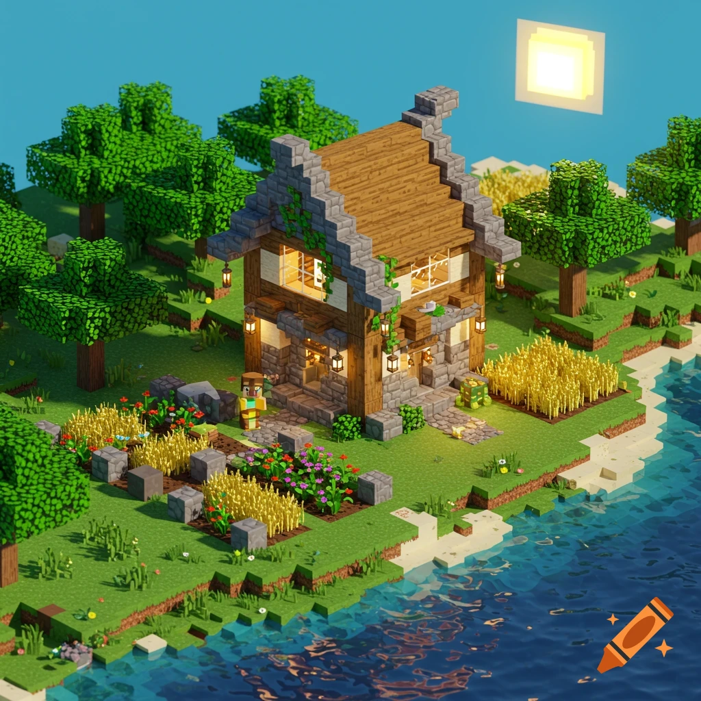 Minecraft-style block house on an island with trees, crops, and a beach, under a blue sky with a blocky sun.