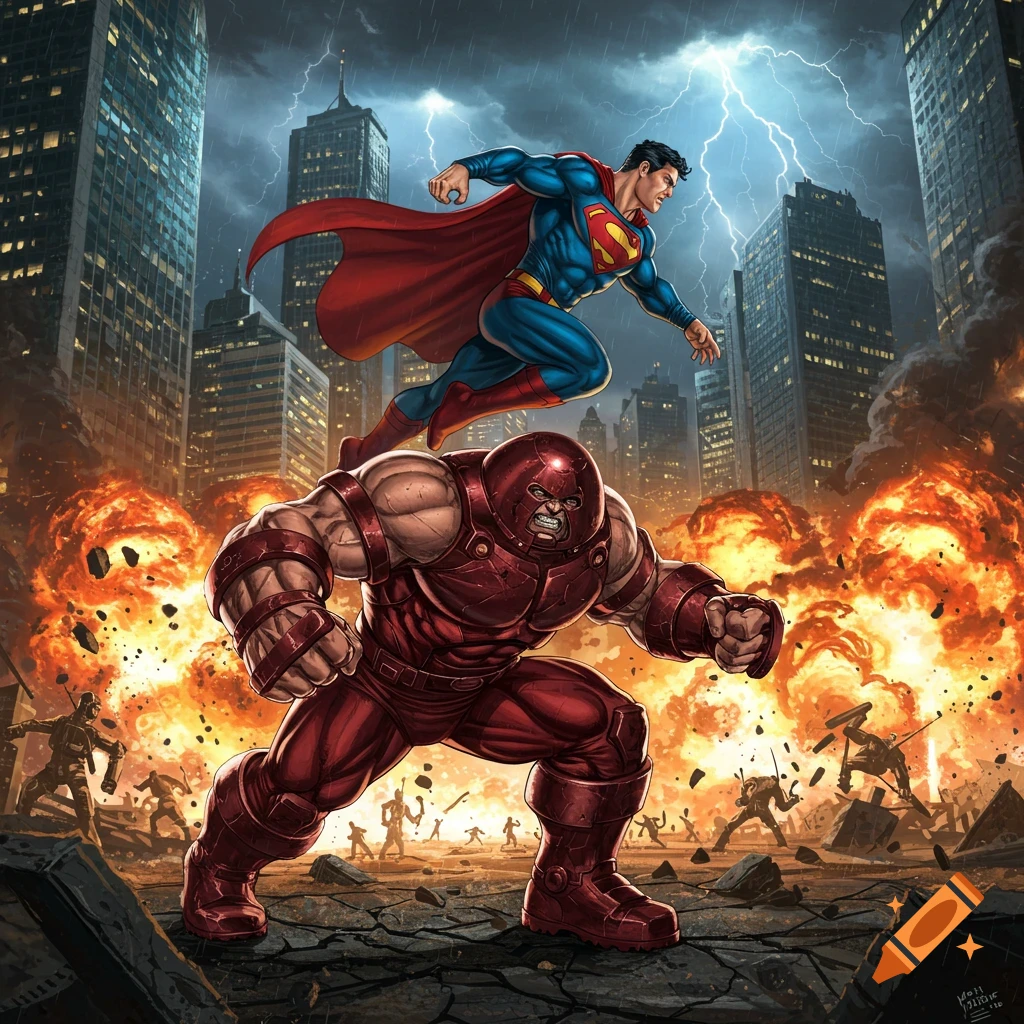 Superman flying above Juggernaut in a destroyed city with explosions and lightning, in a comic book art style.