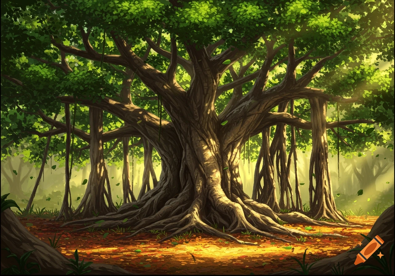 A large, ancient tree with extensive roots and hanging vines stands in a sunlit, stylized forest with green foliage and orange ground.