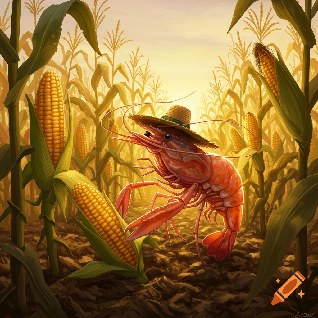A large red shrimp wearing a straw hat stands upright in a golden cornfield with ripe ears of corn on the stalks, in a digital painting style.