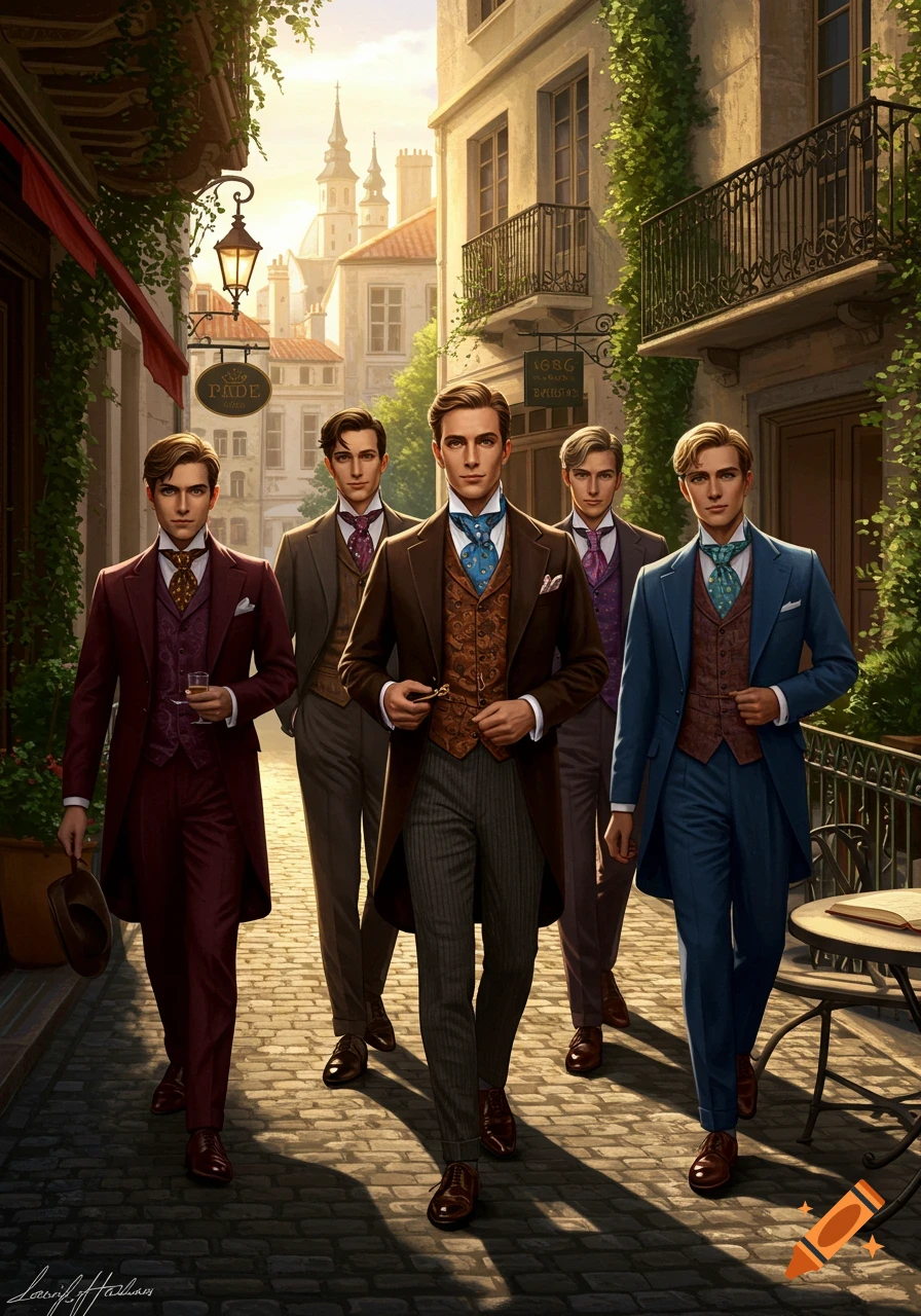 Five dandy men in elegant suits walk down a sunny cobblestone street lined with historic buildings and ivy, in a photorealistic style.