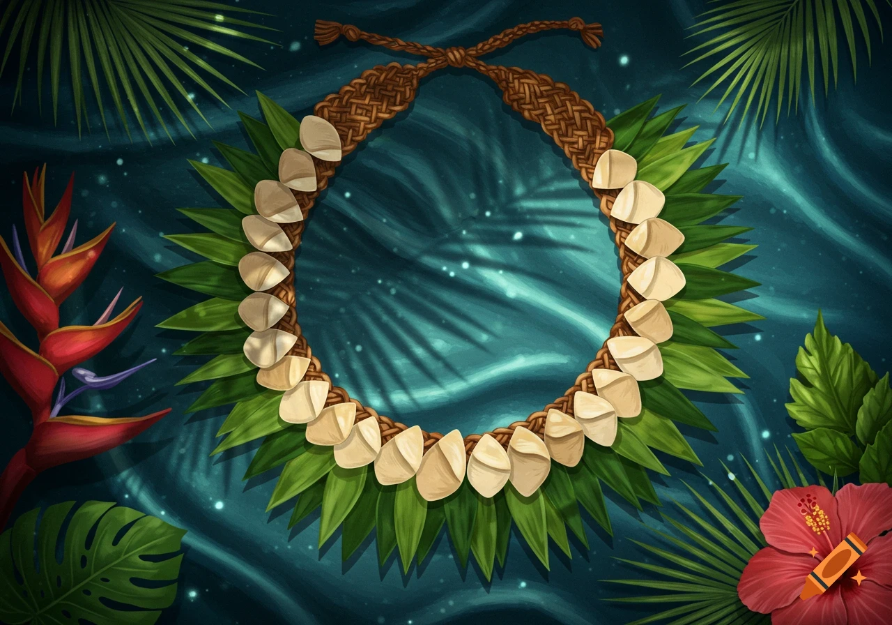 A Tongan kahoa, a braided necklace with leaves and seeds, surrounded by tropical flowers and palm fronds on a dark teal background.