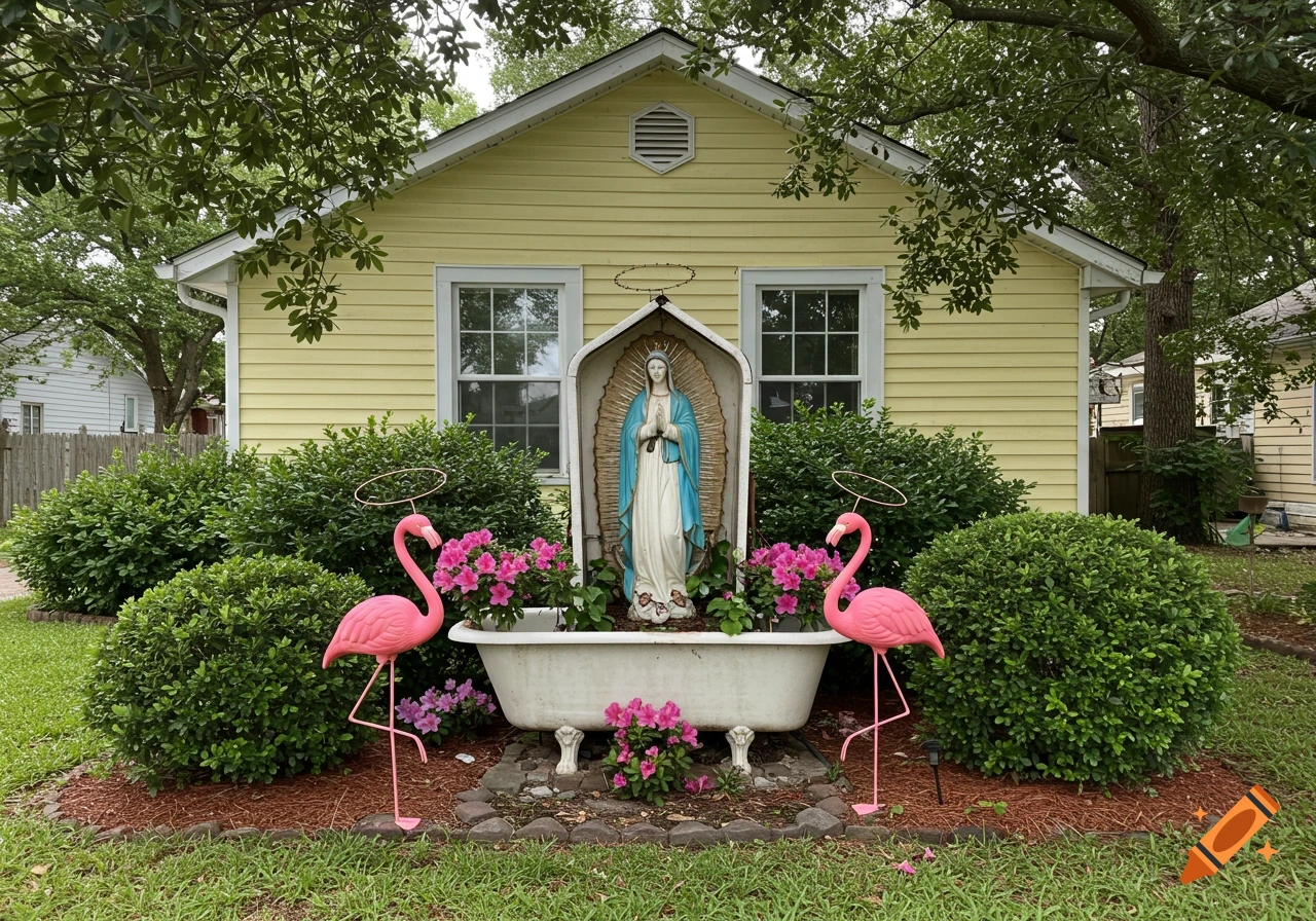 A yellow house with a Virgin Mary statue housed in a vertically standing bathtub shrine, flanked by pink plastic lawn flamingos with wire halos.