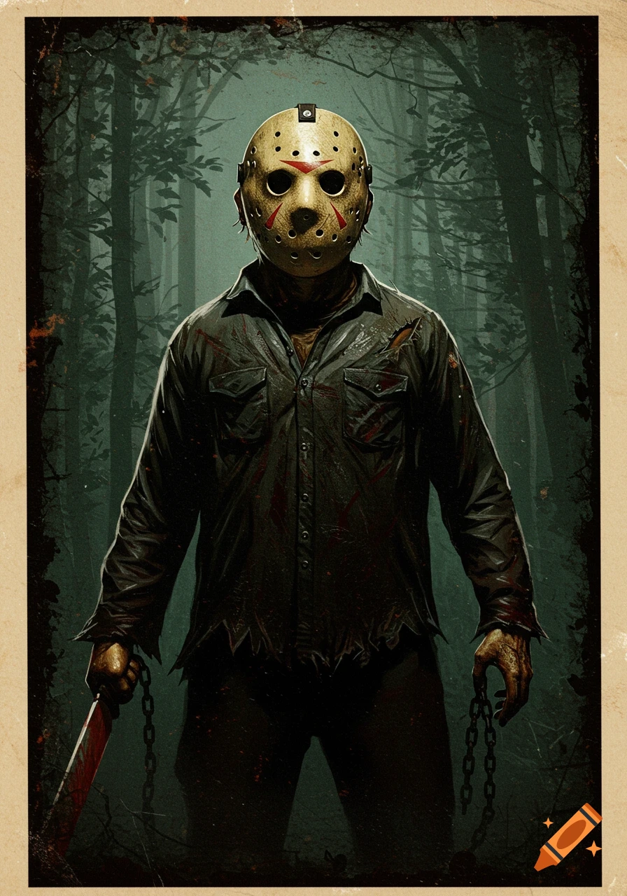 Jason Voorhees in a hockey mask holds a bloody machete and chain in a dark, grunge-style forest setting.