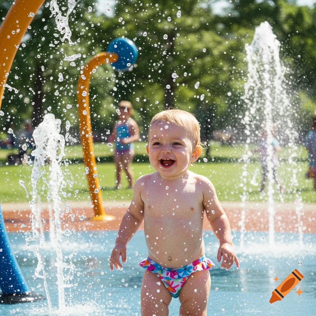A happy toddler in a floral swim diaper splashes in water at a sunny park, with water spraying around them.