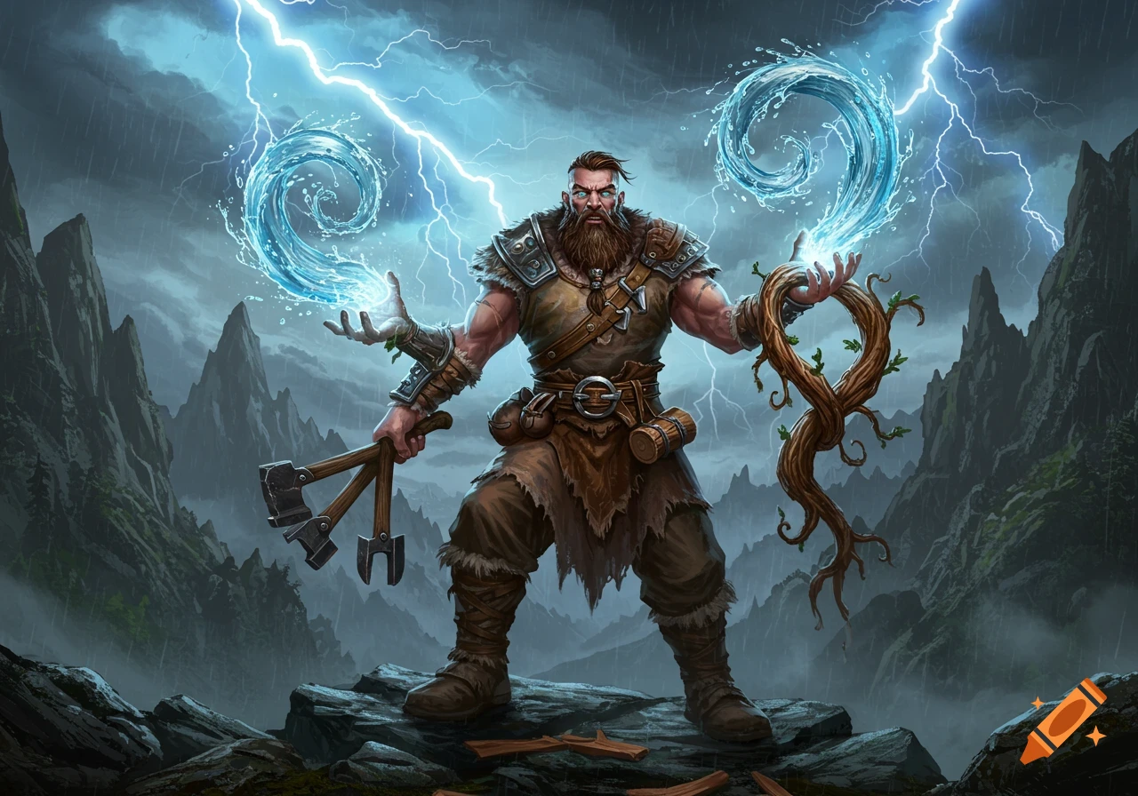A powerful bearded man conjures water and holds a wooden branch and axes amidst a stormy, mountainous landscape with lightning.
