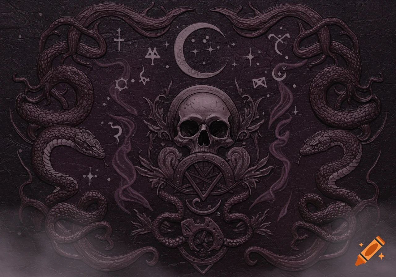 A dark fantasy design on embossed leather with a skull, snakes, crescent moon, pentagram, and witchy symbols.