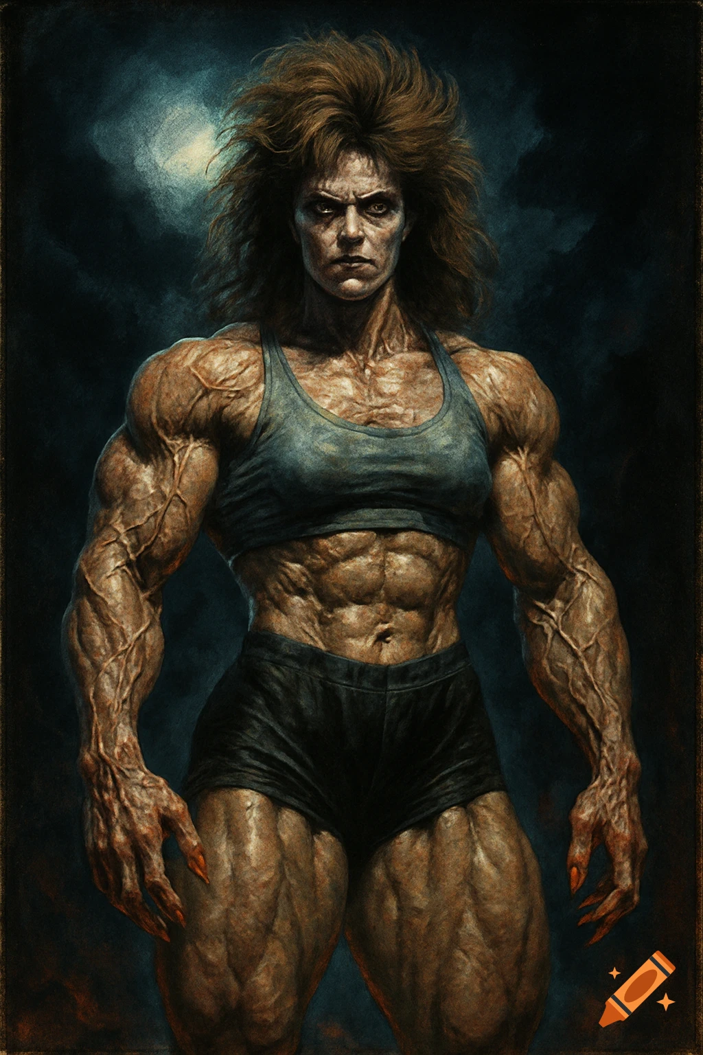 A horror movie style portrait of a female bodybuilder with huge muscles, large veins, red fingernails, and wild brown hair, against a dark, stormy background.