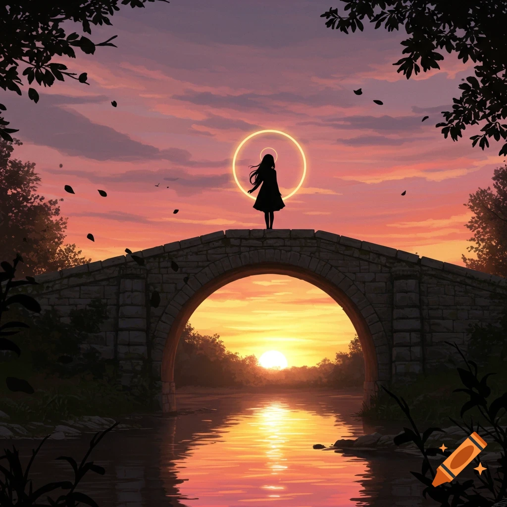 Silhouetted girl with a glowing halo stands on a stone bridge over a river at sunset, surrounded by trees. Anime-inspired art.