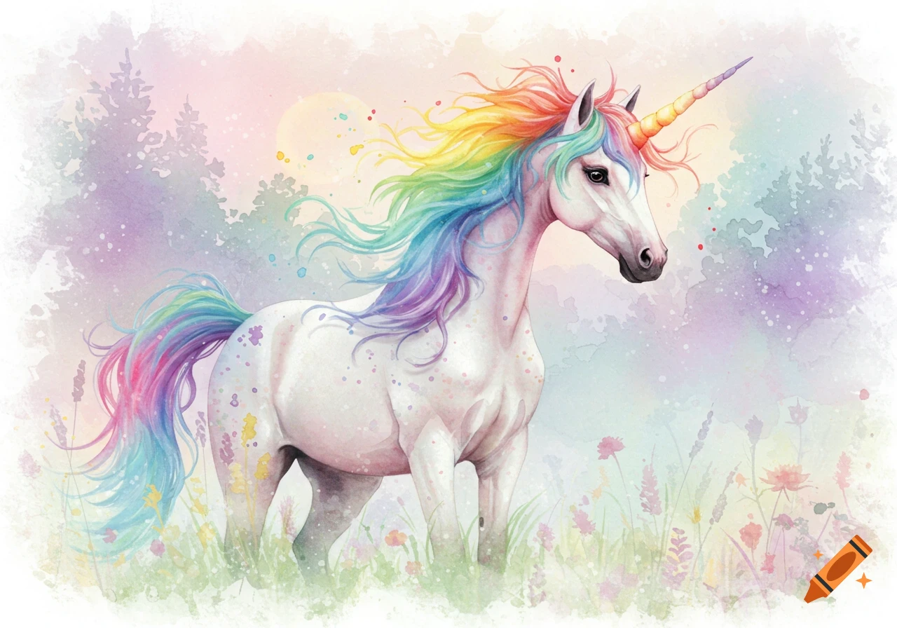 A white unicorn with a vibrant rainbow mane and tail stands in a field of wildflowers in a watercolor style.
