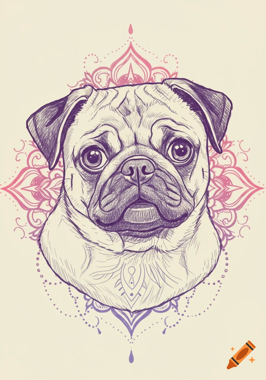 Line art drawing of a pug's head in purple and pink, centered on a detailed mandala background.