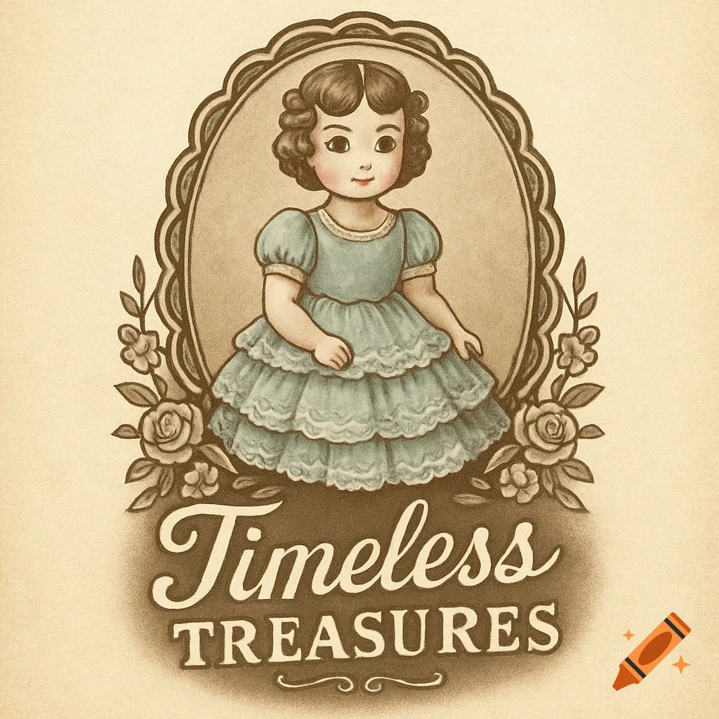 Vintage-style illustration of a doll in an oval frame with 'Timeless TREASURES' text.