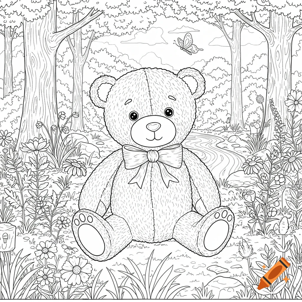 A line art coloring page of a teddy bear sitting in a forest surrounded by flowers, with a butterfly in the sky.