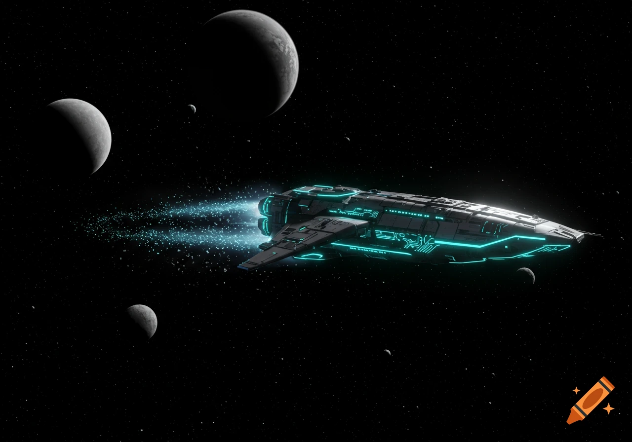 A futuristic spaceship with glowing blue accents flies through deep space, leaving a trail of light, with several planets and stars visible.