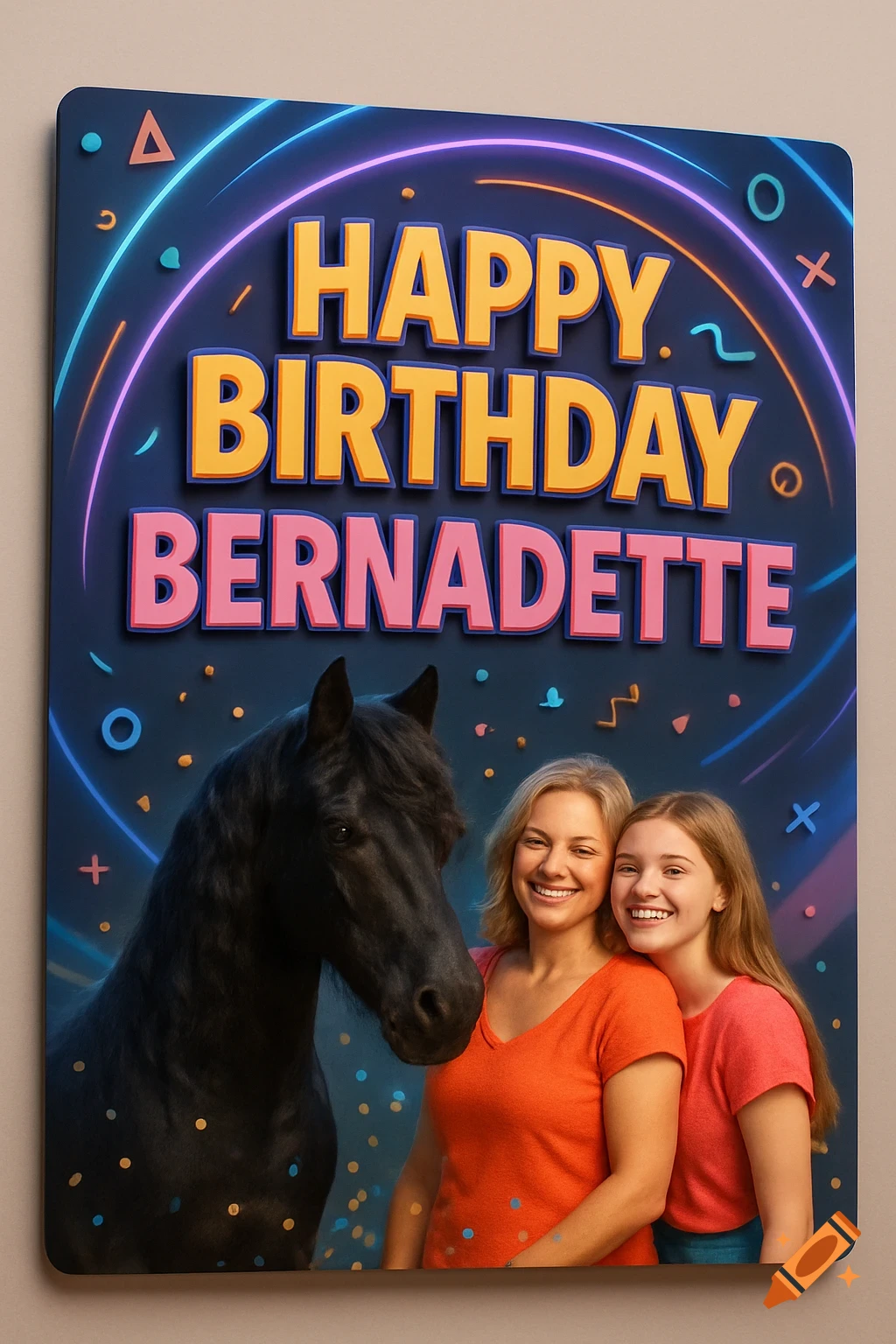 A colorful birthday card with 'Happy Birthday Bernadette' text, a black horse, a smiling blonde woman, and a blonde teenage girl.