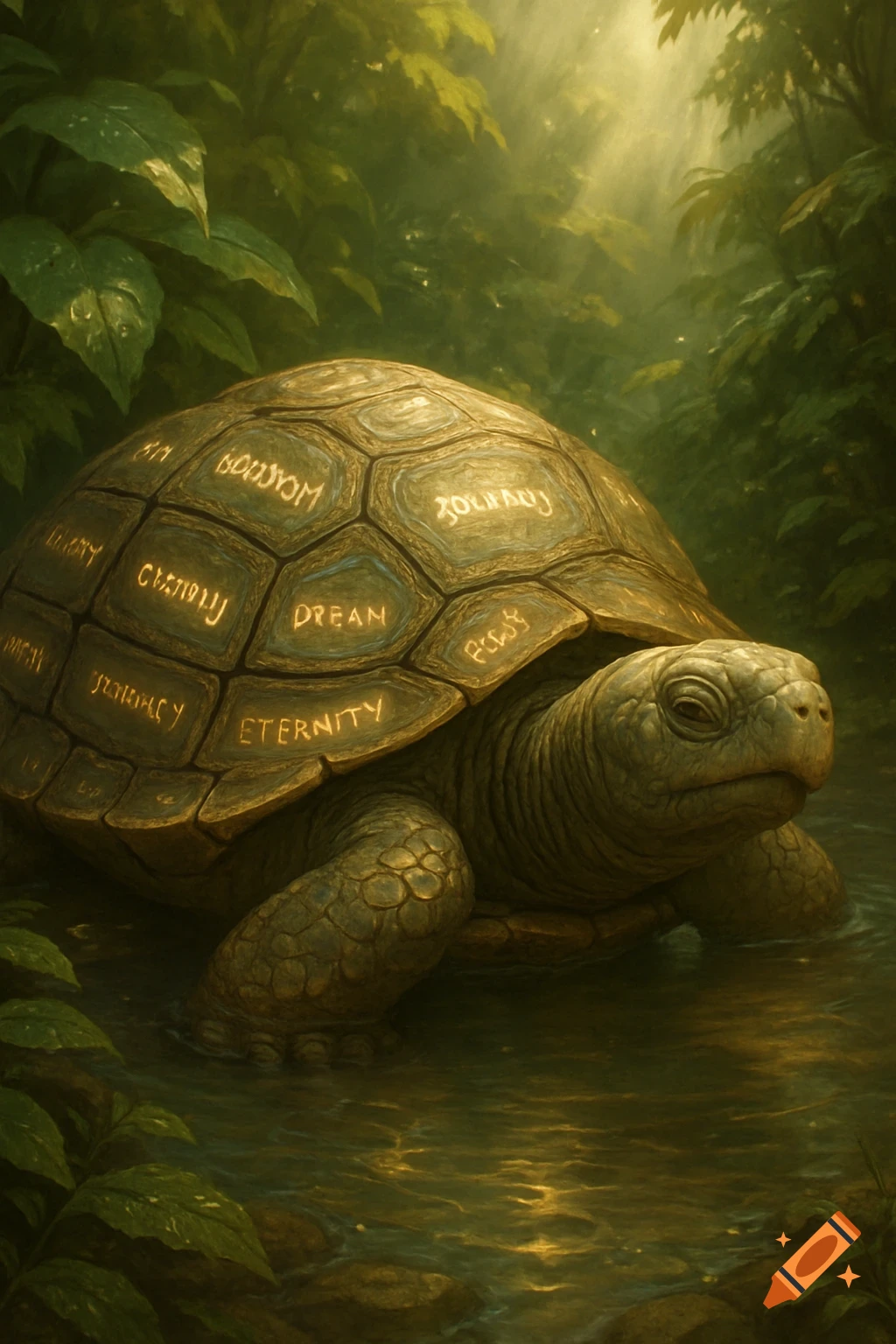 A close-up of an ancient-looking turtle standing in shallow water in a jungle. Its shell has glowing words etched into each scute, such as 'DREAM' and 'ETERNITY'. Sunlight filters through the dense green foliage in the background.