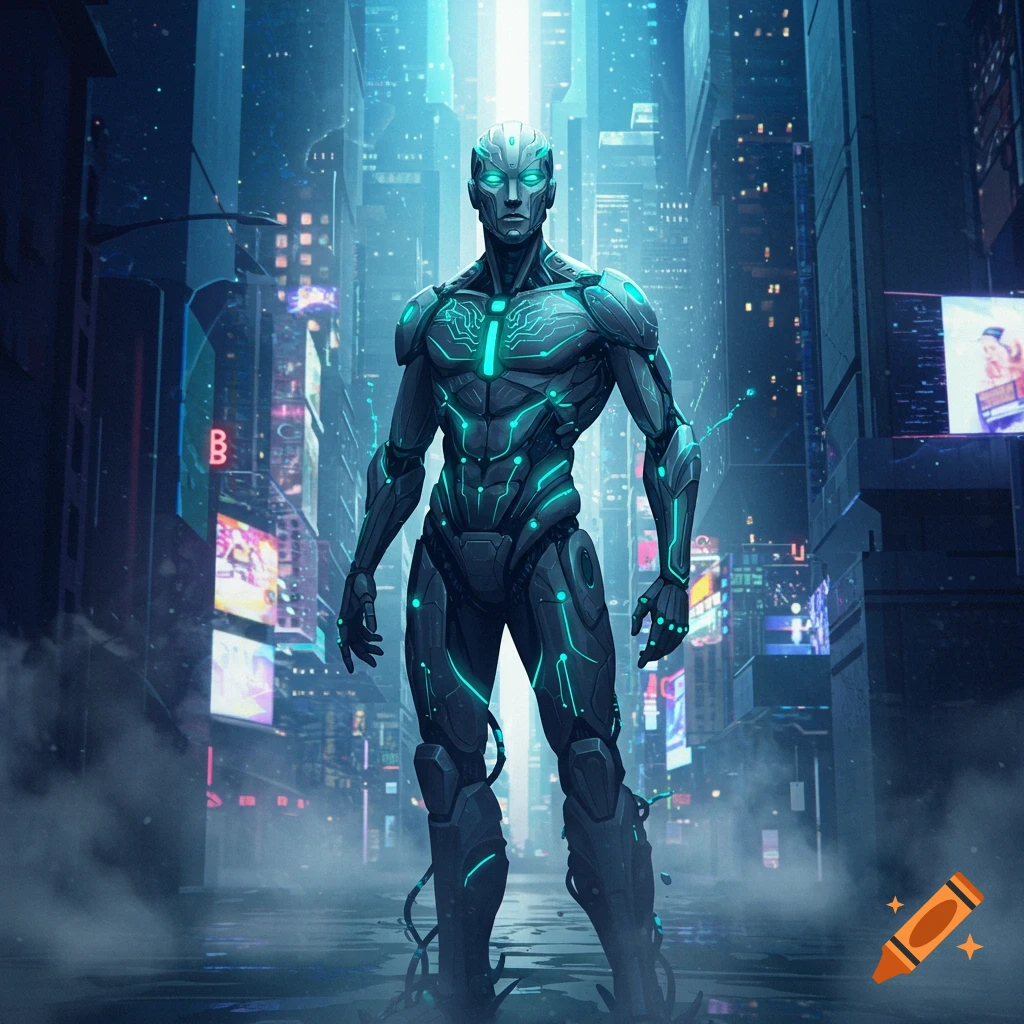 A humanoid cyborg with glowing teal circuitry stands in a dark, neon-lit cyberpunk city street.