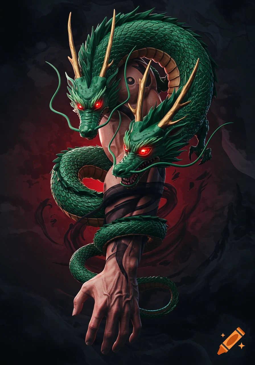 A muscular male arm wrapped by two vibrant green, red-eyed Japanese dragons with gold accents, set against a dark red and black mystical background in an anime style.