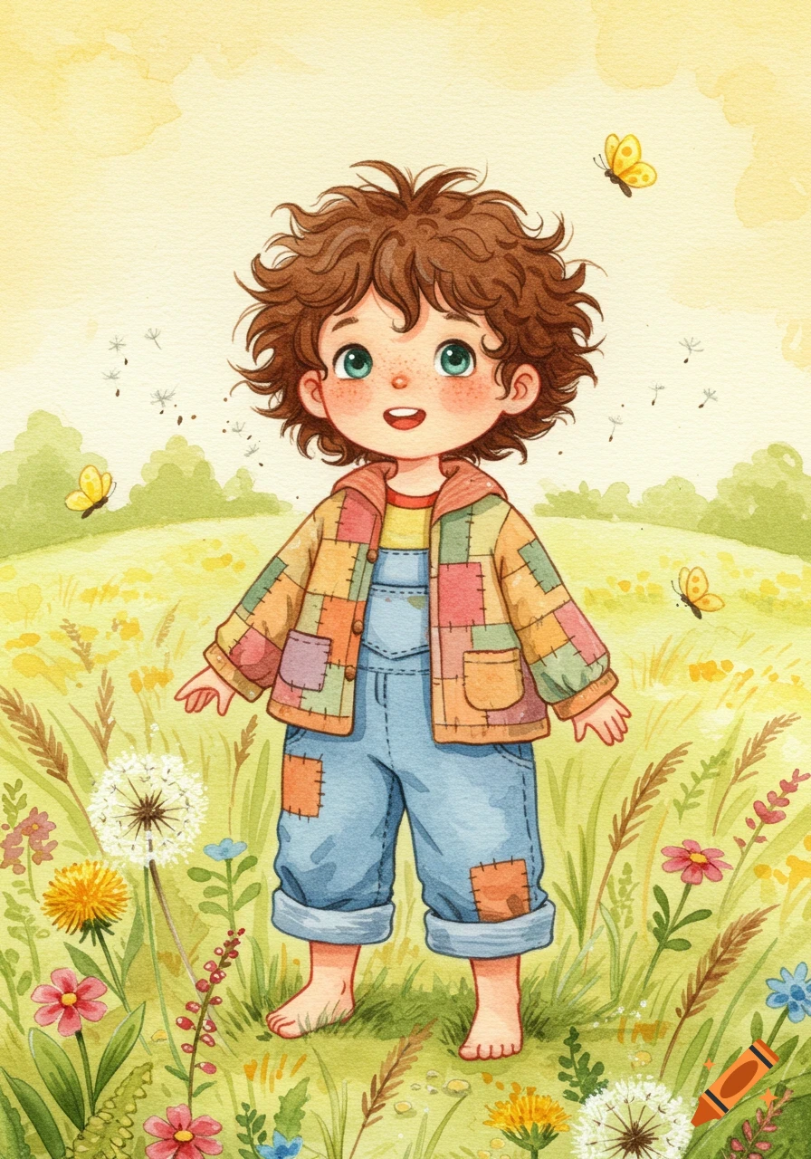 A watercolor illustration of a cute, curly-haired child in patched overalls and jacket, standing barefoot in a vibrant field of wildflowers and dandelions with butterflies.
