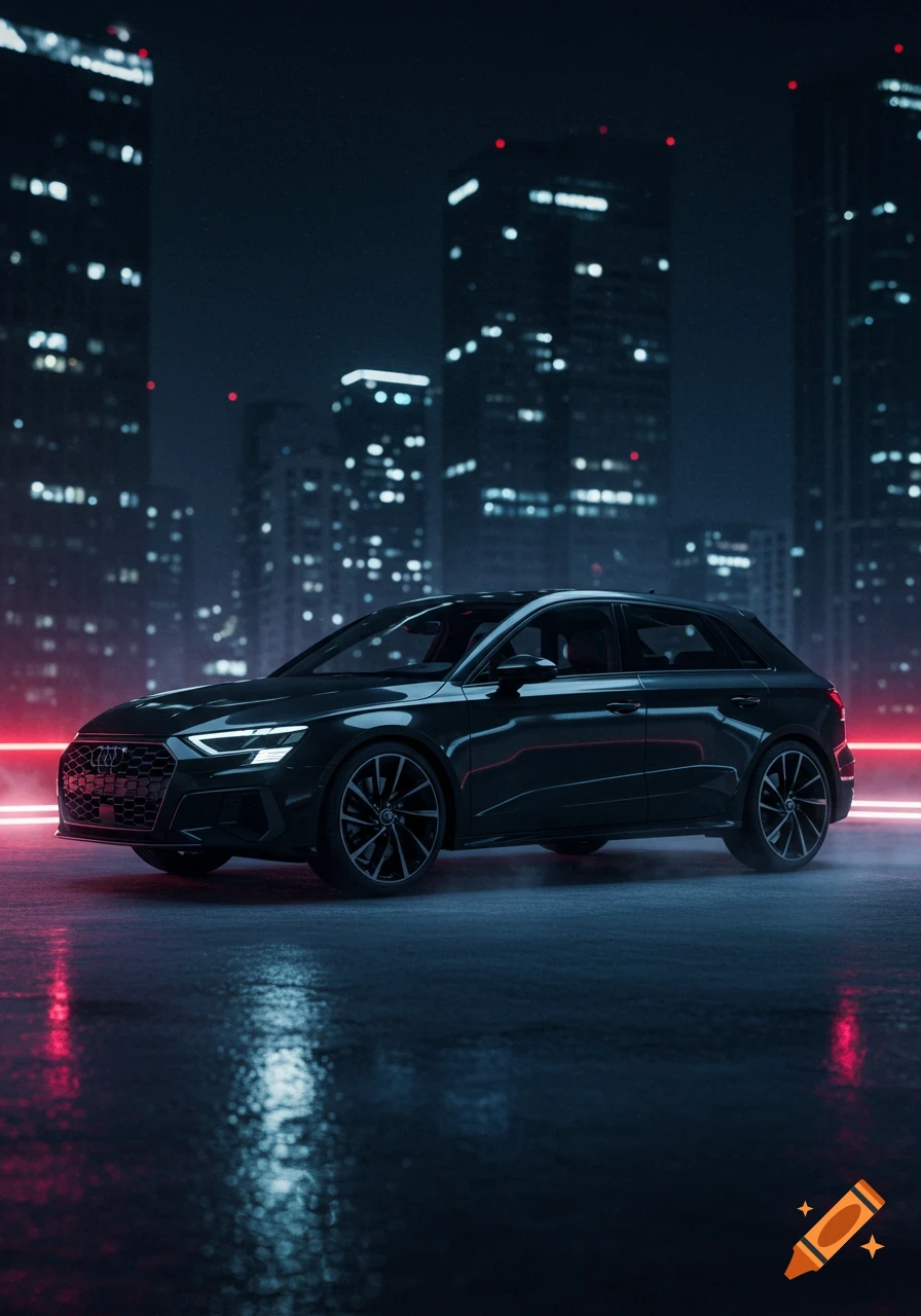 A black Audi A3 parked on a wet street at night, with blurred city skyscrapers in the background.