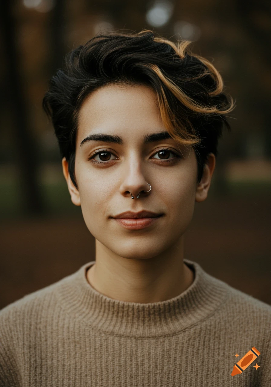 Close-up portrait of a gender-neutral person with short dark hair and blonde highlights, brown eyes, and a nose ring, wearing a beige sweater.
