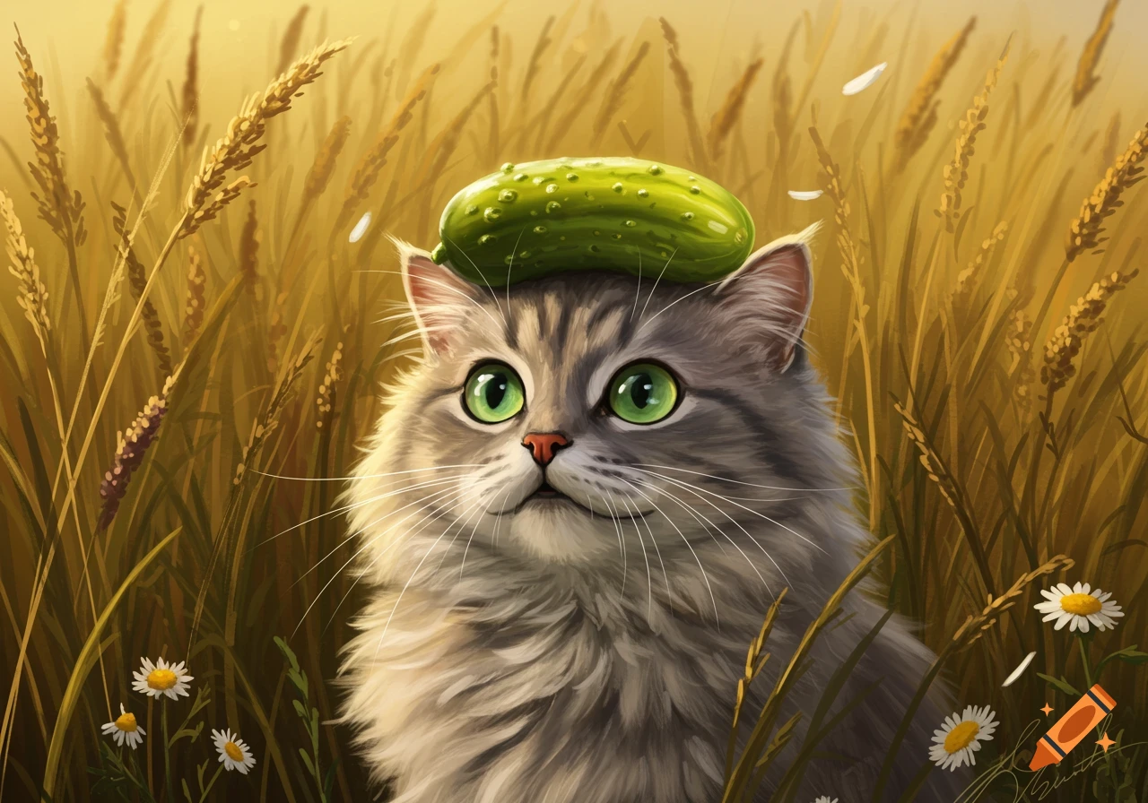 A fluffy tabby cat with big green eyes has a green cucumber balancing on its head in a golden wheat field.