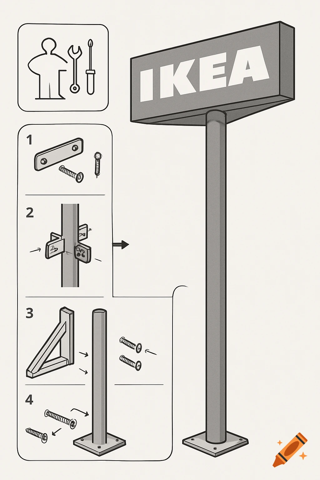 An IKEA-style instruction manual showing steps to assemble a large IKEA store sign on a pole.