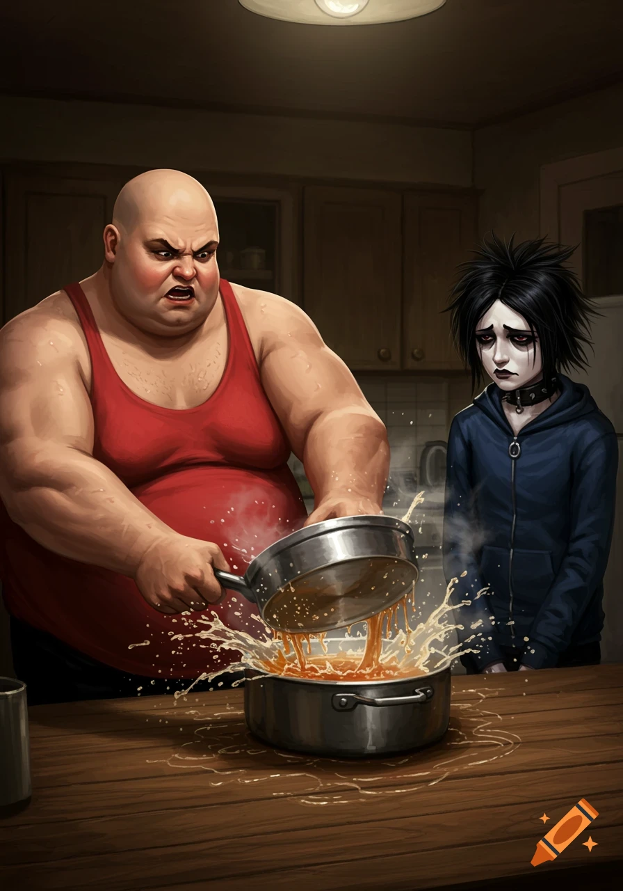 A bald, muscular man in a red tank top angrily spills soup in a kitchen while a sad goth person watches.