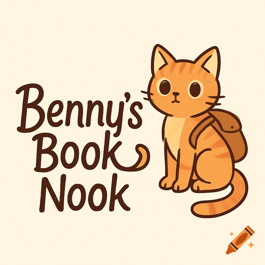 Cartoon logo for Benny's Book Nook, featuring an orange tabby cat wearing a backpack next to the stylized text.