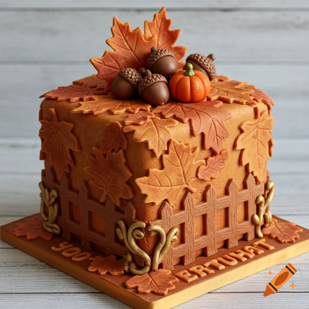 A square fall-themed birthday cake decorated with orange fondant, edible autumn leaves, chocolate acorns, and a small orange pumpkin, resting on a brown cake board with a fence design.