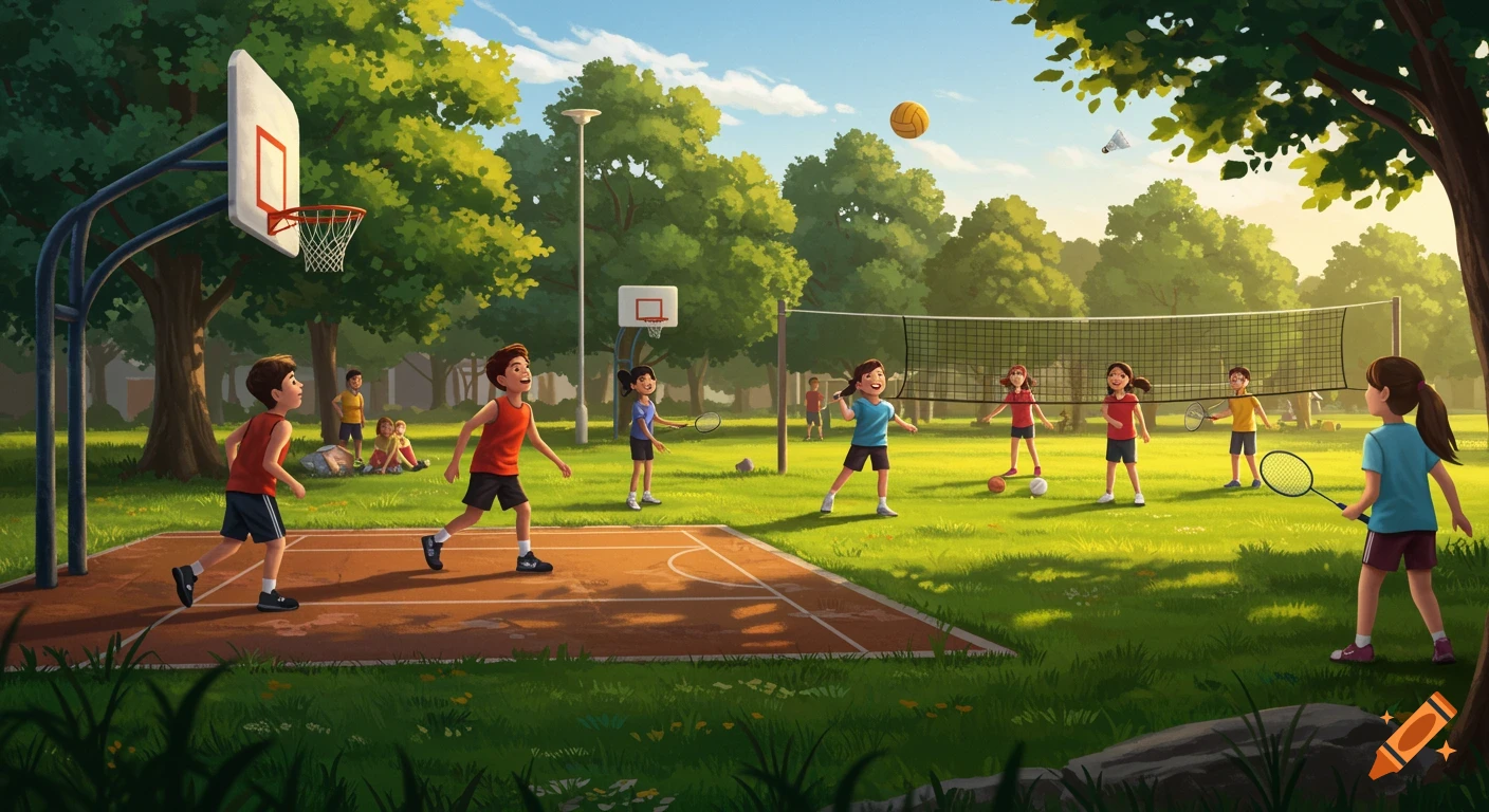 Children playing various sports like basketball, volleyball, and badminton in a sunny park with trees in an illustrative style.