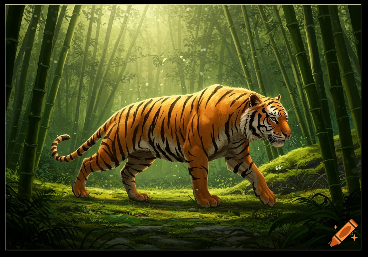 An illustrative depiction of a tiger walking through a lush green bamboo forest with dappled sunlight.