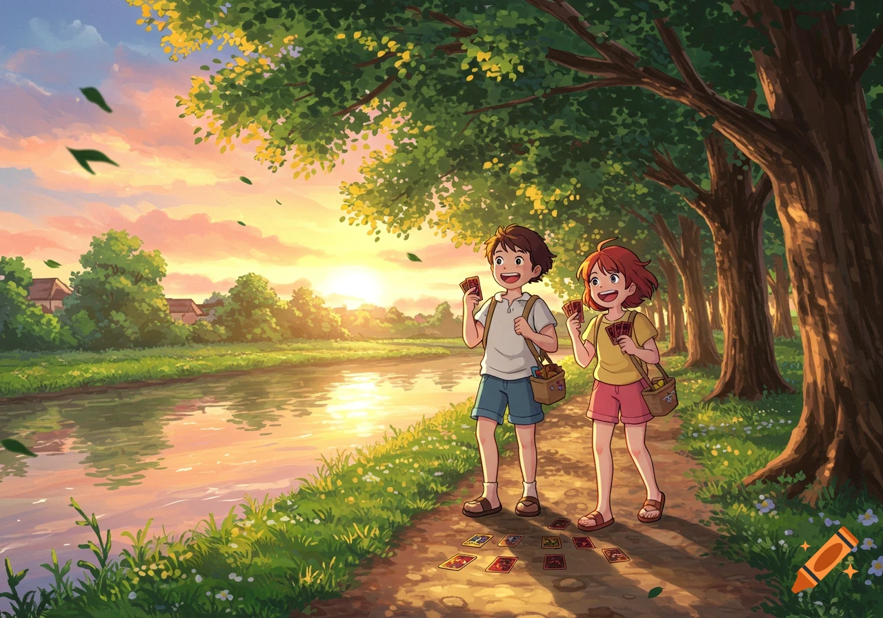Ghibli-style illustration of two happy children holding cards and walking along a riverside path at sunset.