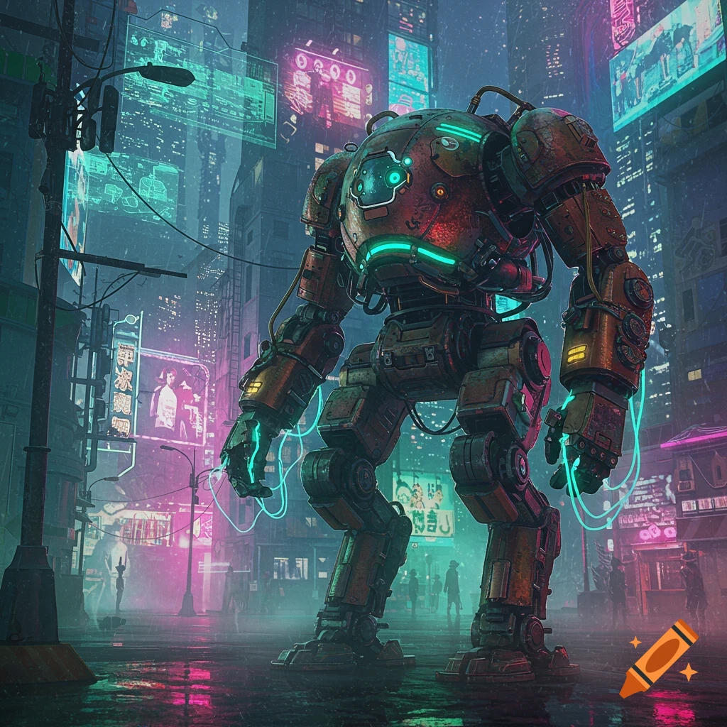 A large, rusty bipedal robot with glowing green lights stands in a futuristic cyberpunk city with neon signs and wet streets.