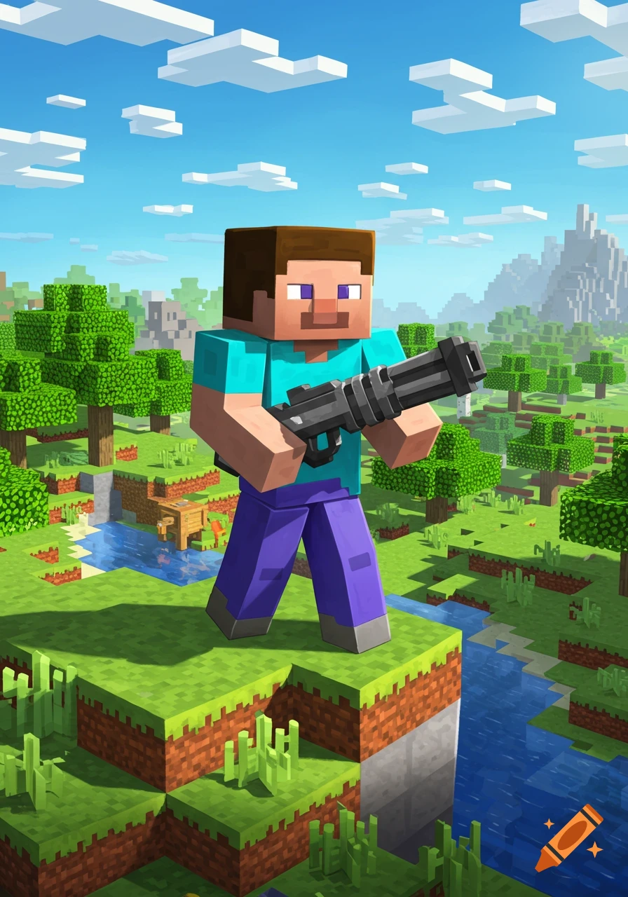 Minecraft character Steve stands on a cliff holding a large gun in a blocky landscape.