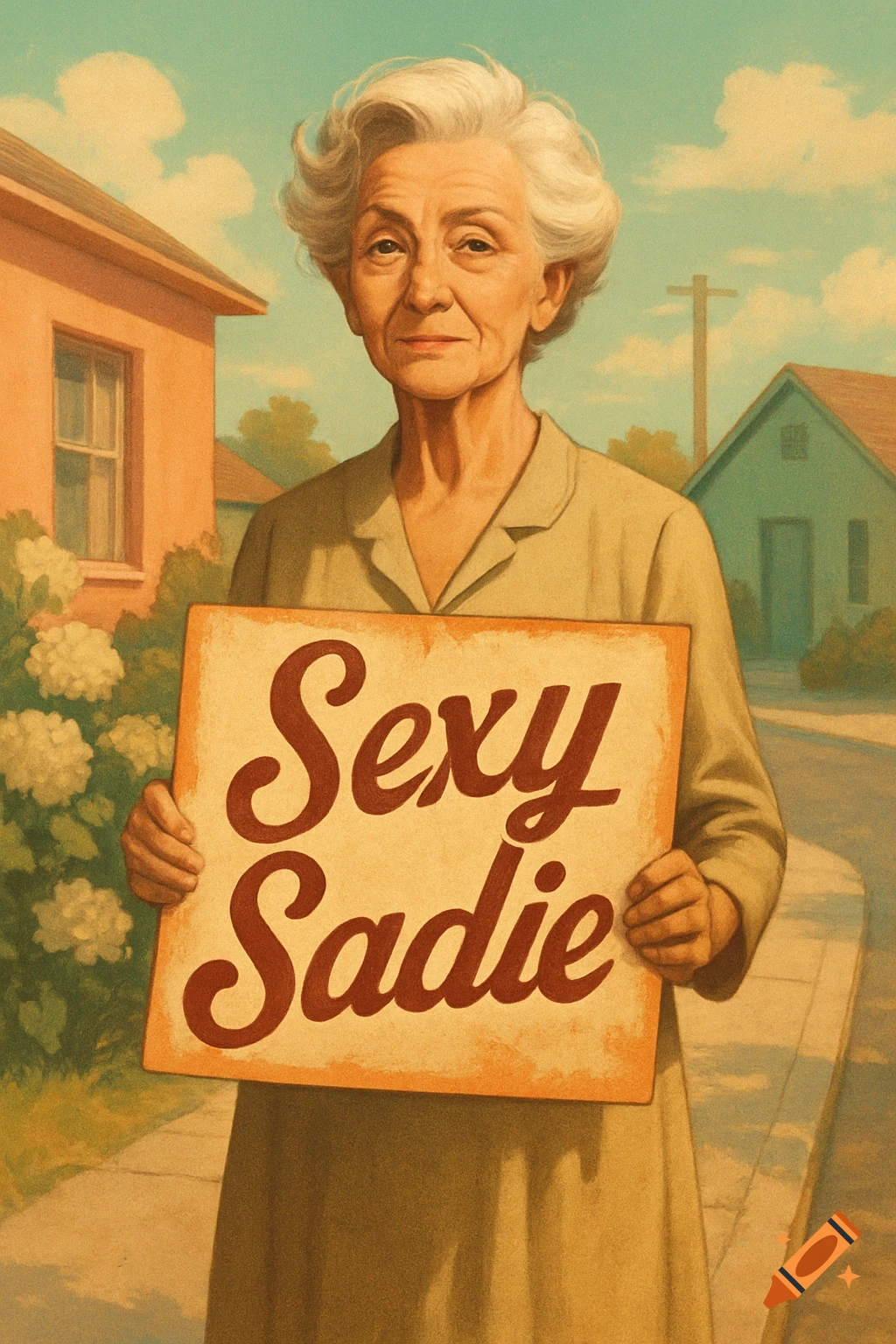 An illustrated old woman holding a sign that reads 'Sexy Sadie' on a suburban street.