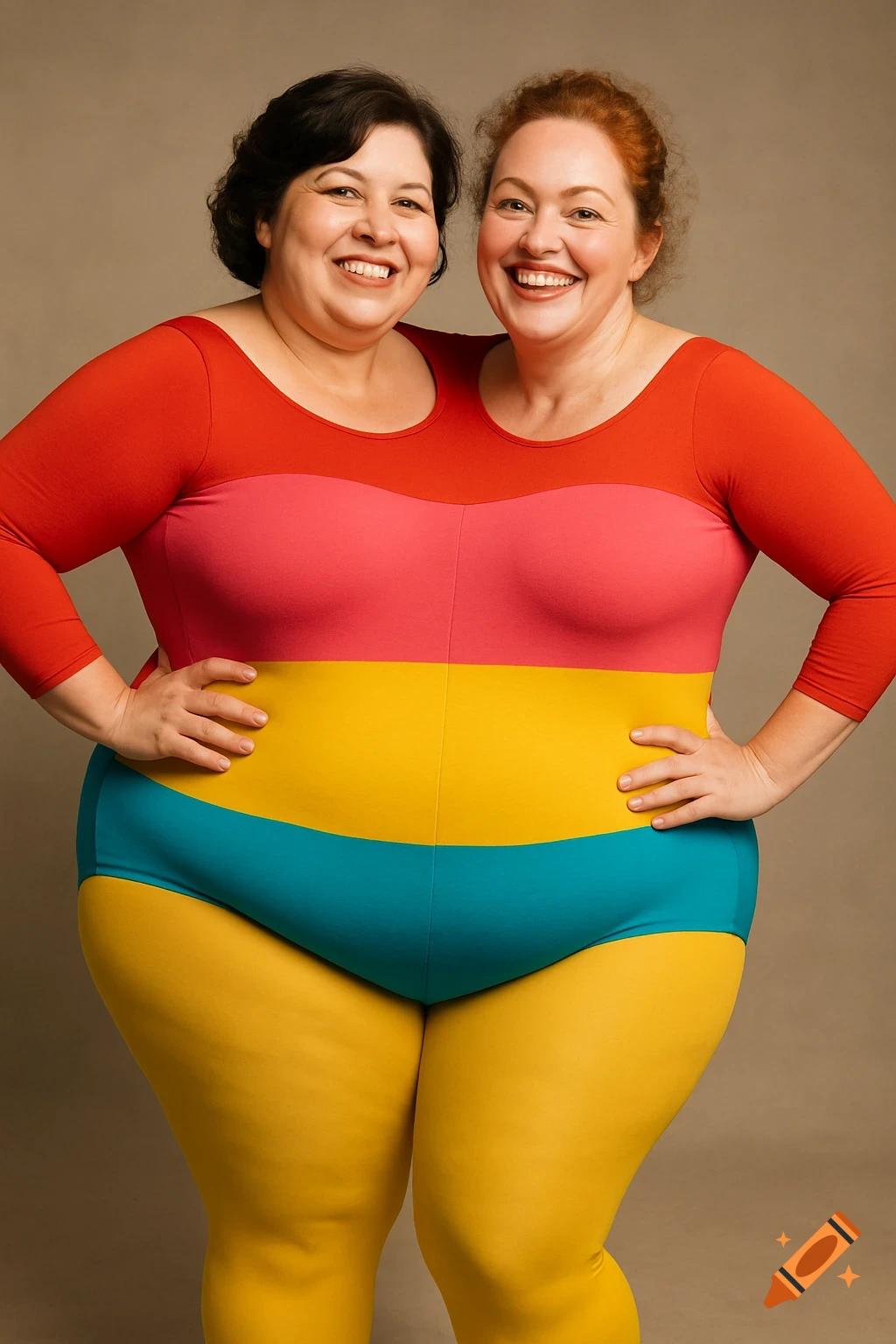 Two smiling women in a colorful, striped leotard, creating the illusion of a two-headed person.