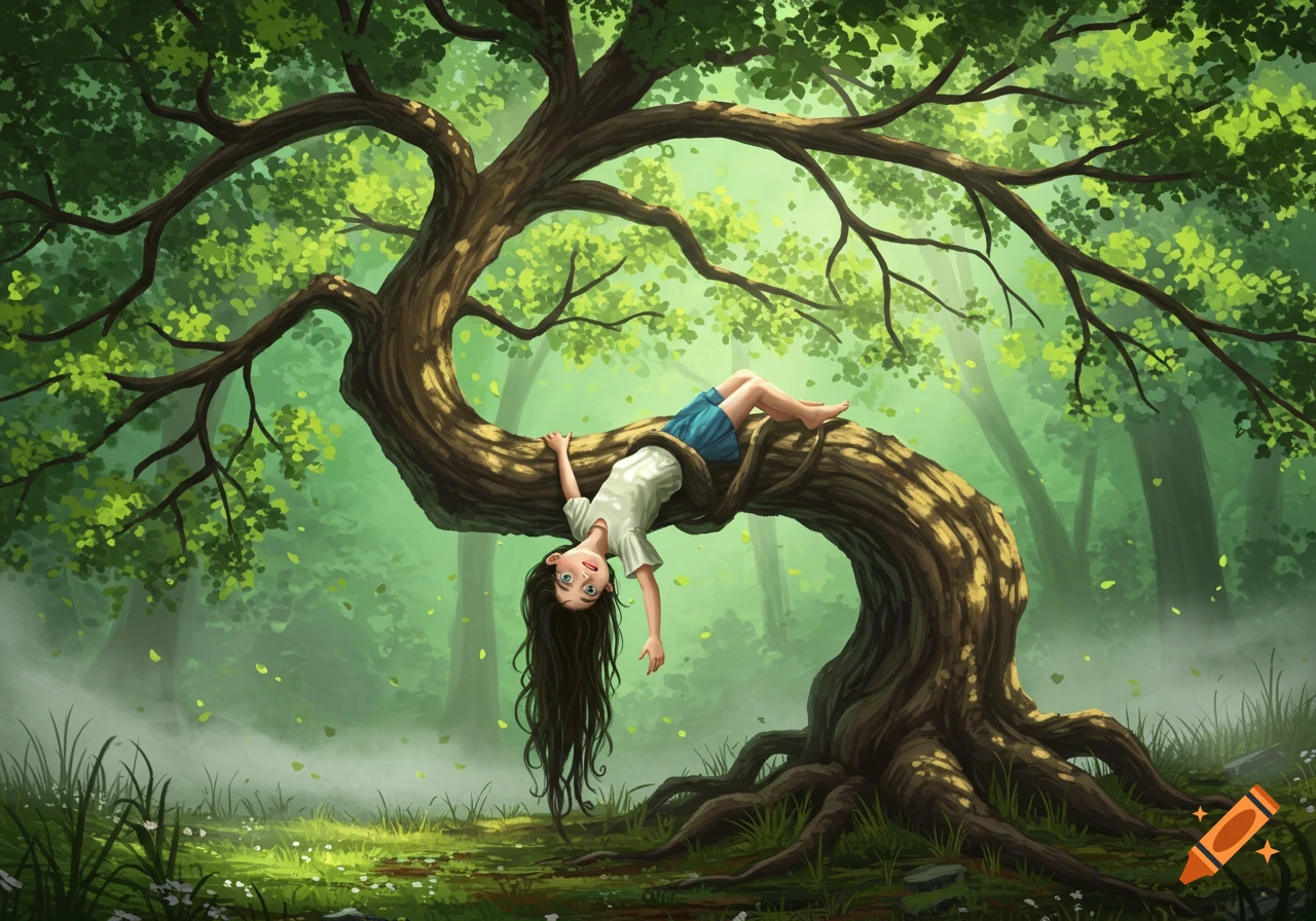A girl with long dark hair hangs upside down from a gnarled, green-leafed tree in a vibrant, misty forest, illustration.