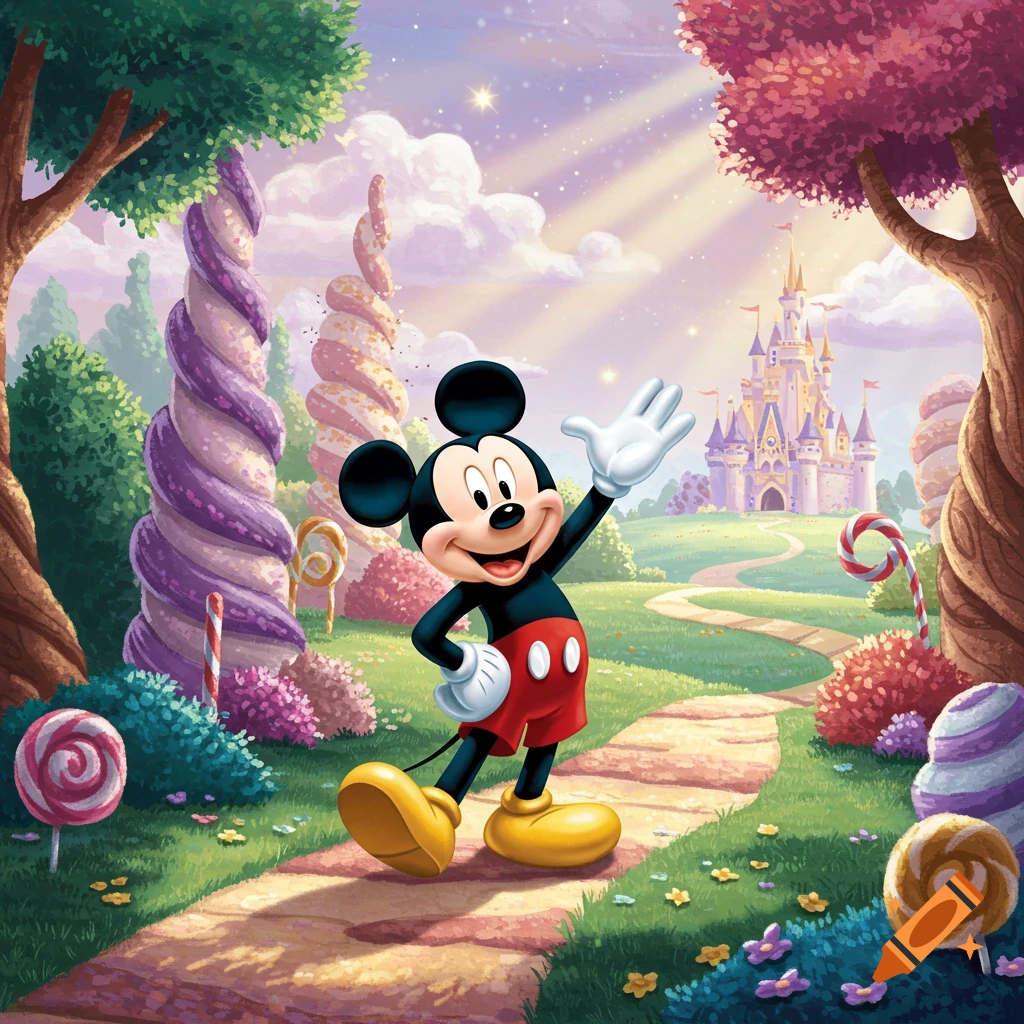 Mickey Mouse waves in a whimsical, colorful candy land with a fairytale castle in the background.