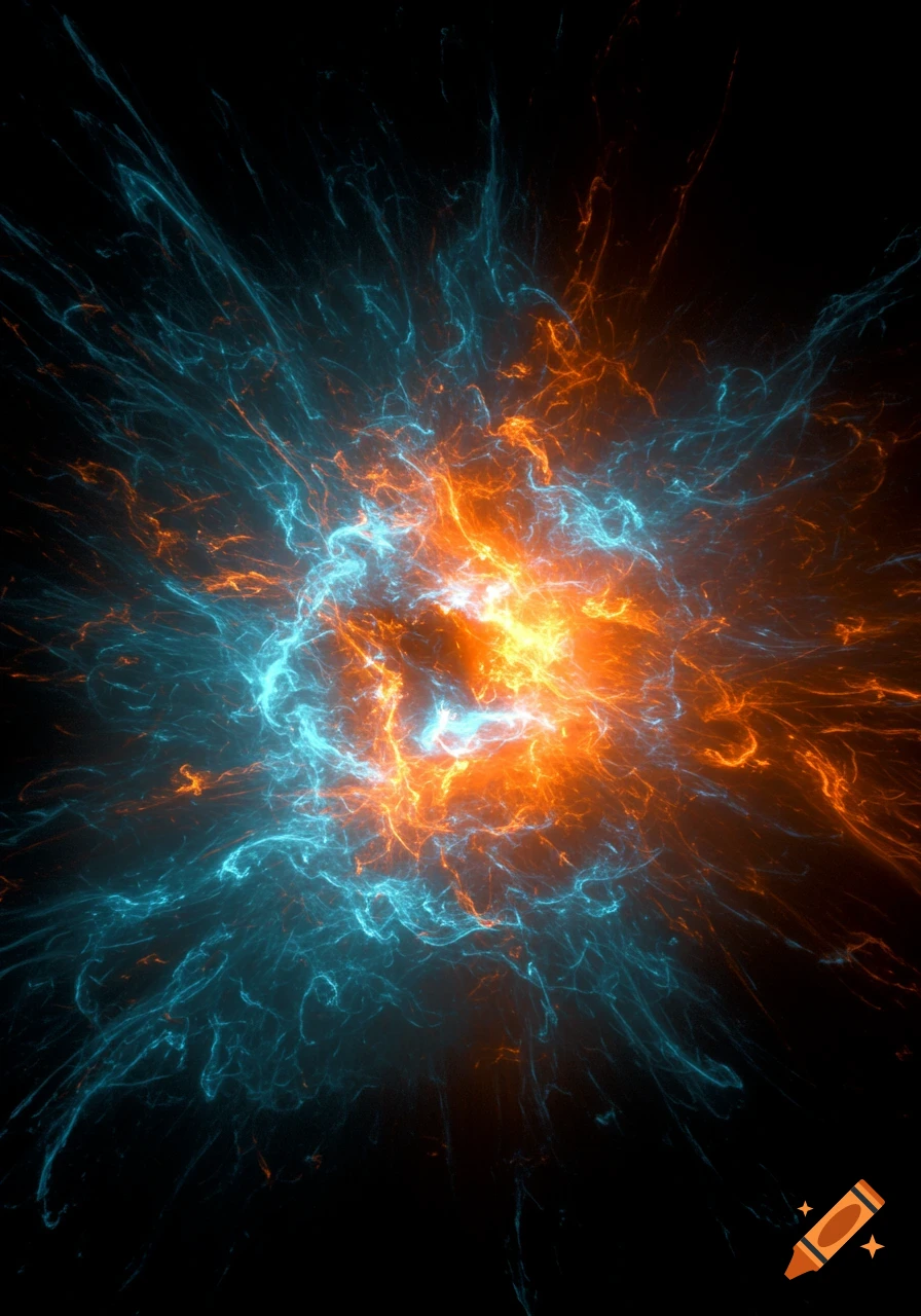 An abstract image of a vibrant orange and teal energy burst radiating outwards from a bright center on a dark background.