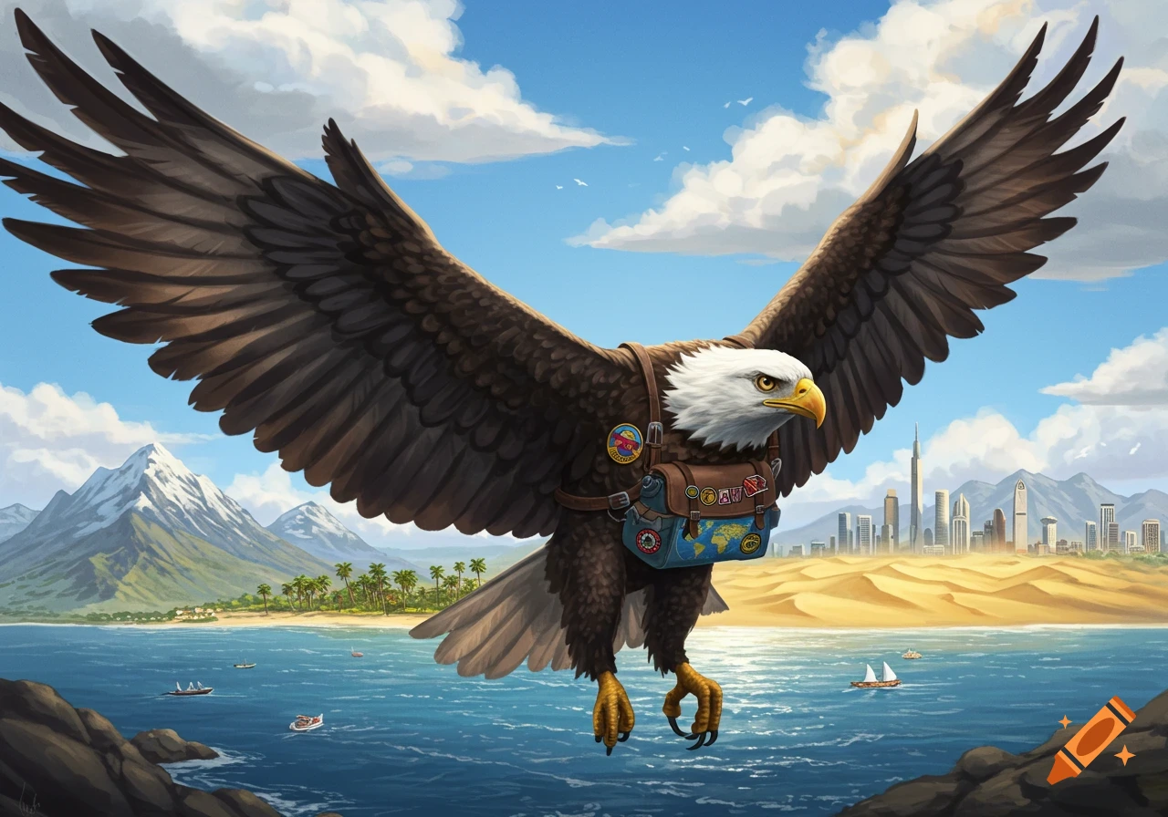 A majestic eagle with a backpack flies over a vibrant landscape featuring snow-capped mountains, an ocean, a beach with palm trees, and a distant city skyline.