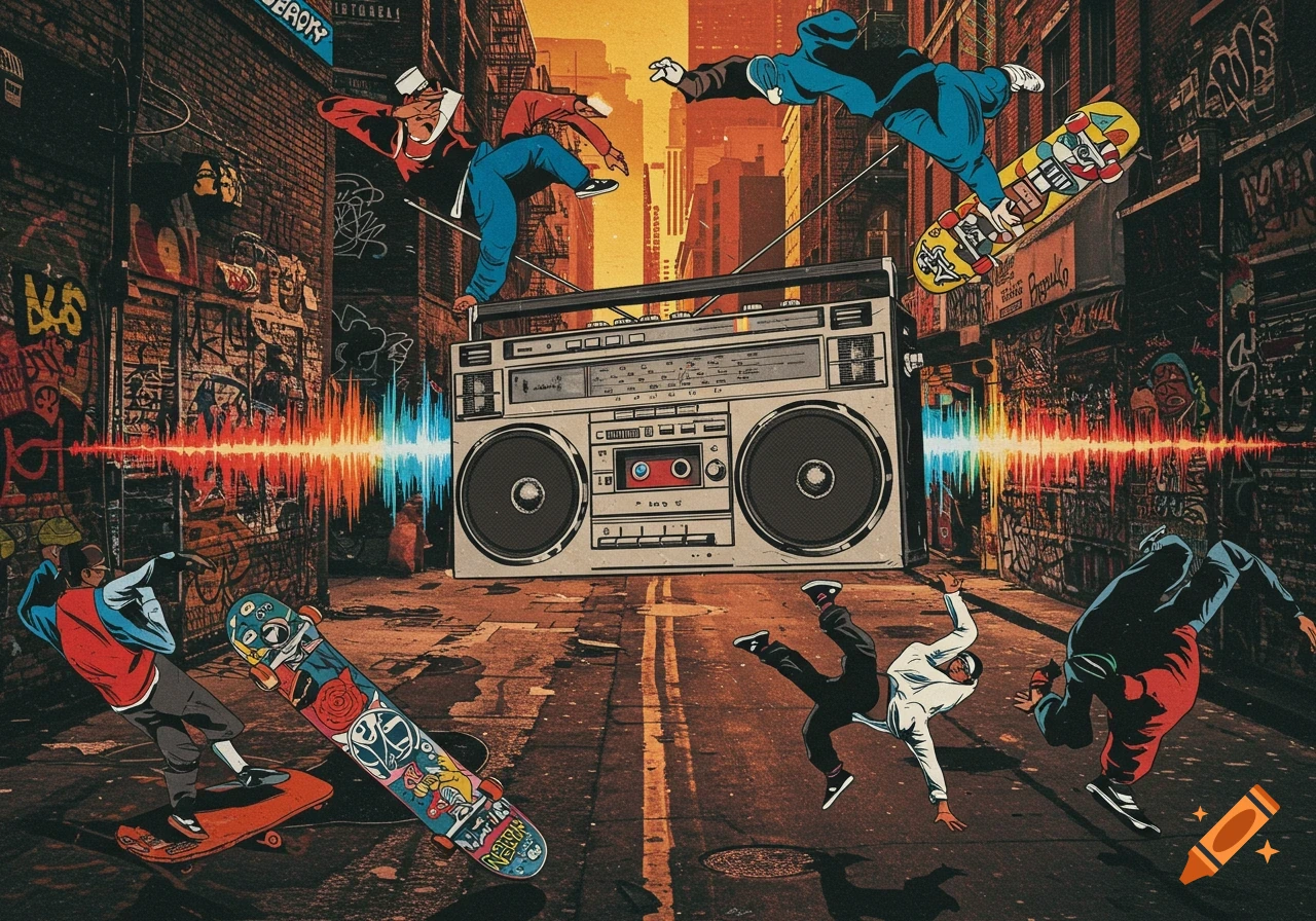 Dynamic street art style image of a large boombox with sound waves, surrounded by people breakdancing and skateboarding in an urban alleyway.