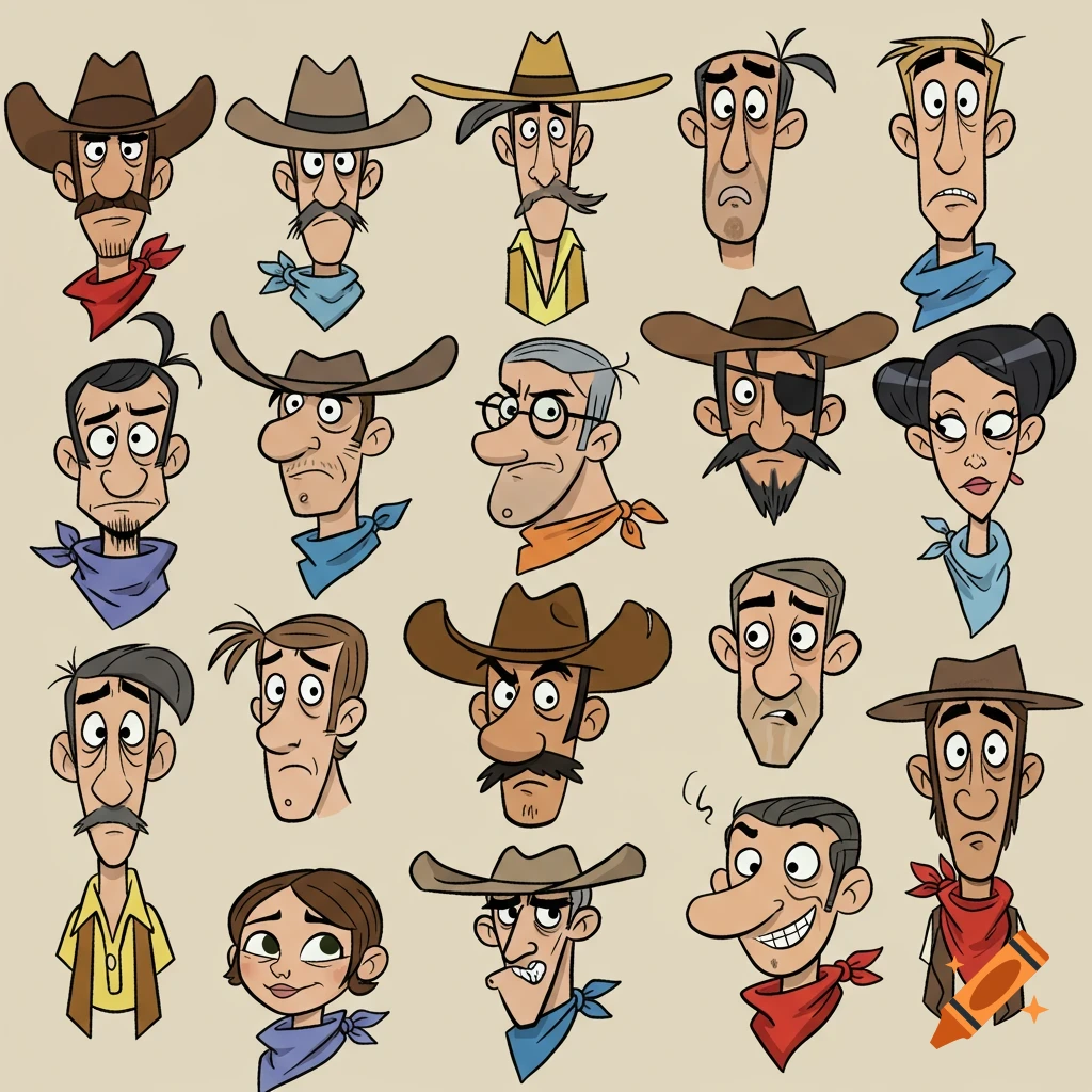 A grid of 15 unique cartoon busts of Western bandits and outlaws, featuring varied expressions, hats, and bandanas.