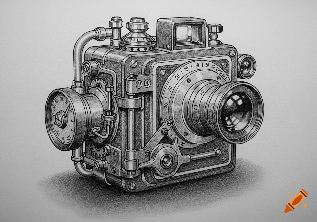 Detailed monochrome sketch drawing of a steampunk camera with gears, dials, and pipes on a light background.