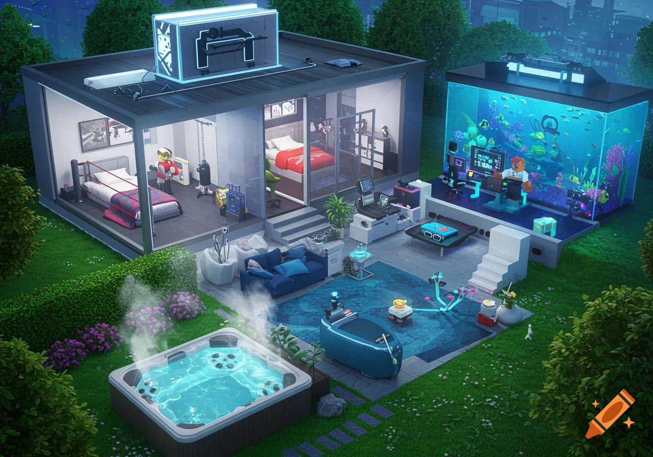 An isometric view of a stylized miniature mansion with a hot tub in the garden, a boxing room, bedrooms, a Roblox gaming room, and a large aquarium.