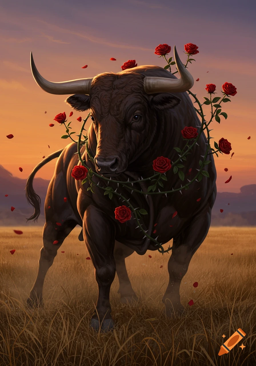 A majestic dark brown bull adorned with thorny red roses and green vines stands in a golden field at sunset.