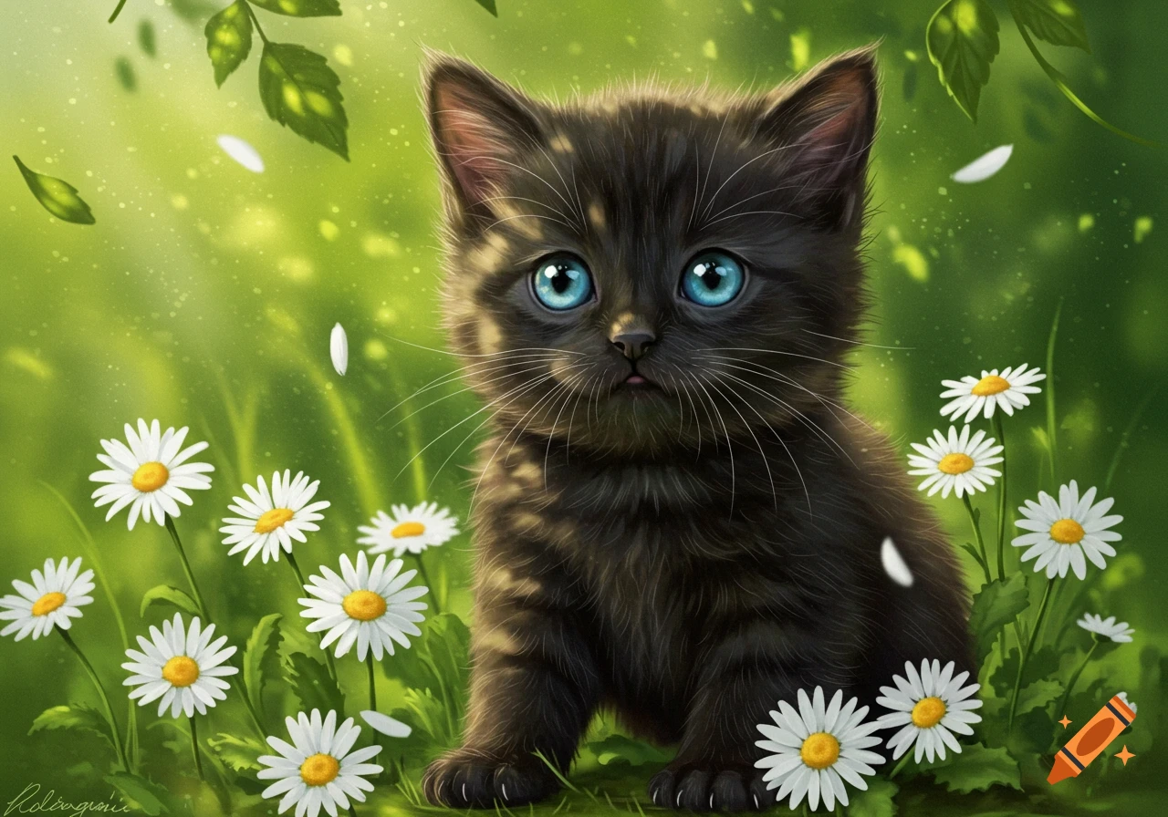 A cute black kitten with bright blue eyes sits among white daisies and green foliage in a sunny field.