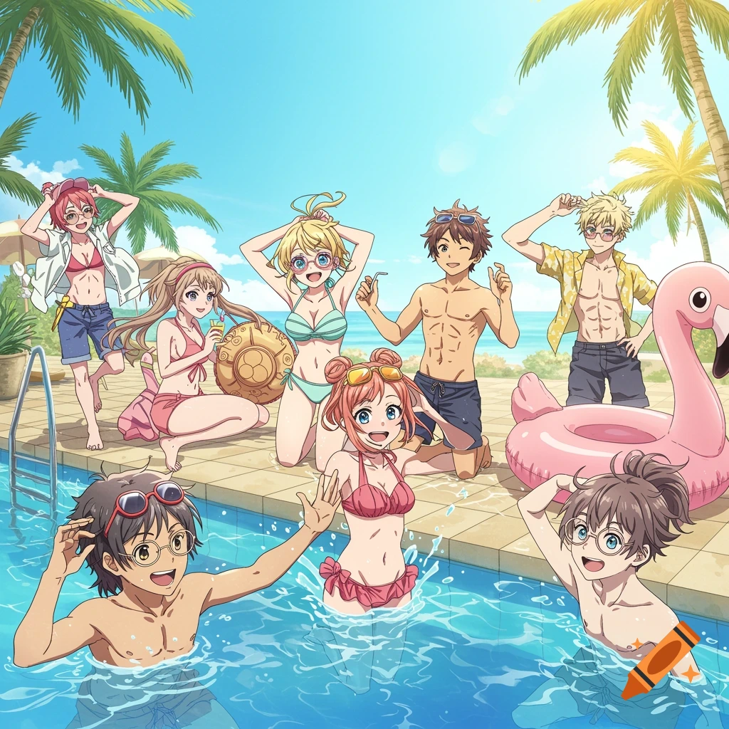 Anime characters at a pool party, with palm trees and a pink flamingo float.