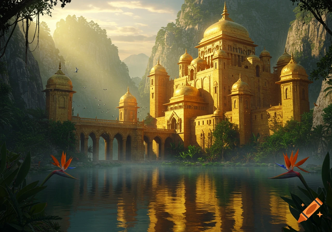 A majestic golden palace with multiple domes and arches stands by a tranquil lake, surrounded by lush green mountains and tropical plants at sunset.